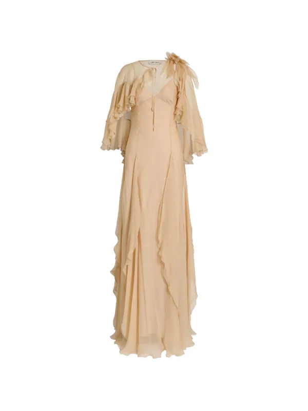 alberta ferretti silk maxi dress Long silk gown with shoulder-revealing cape
