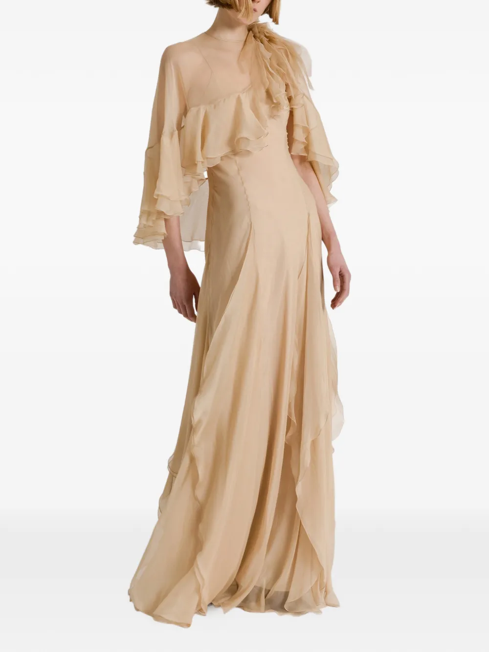Alberta Ferretti Zijden maxi-jurk met ruches Beige
