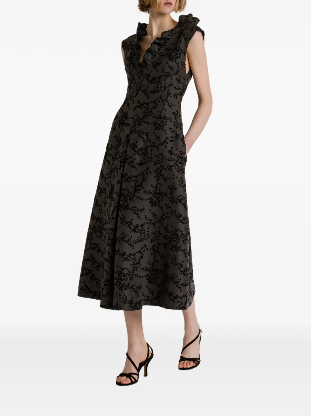 Alberta Ferretti Midi-jurk met ruches en bloemenprint Grijs