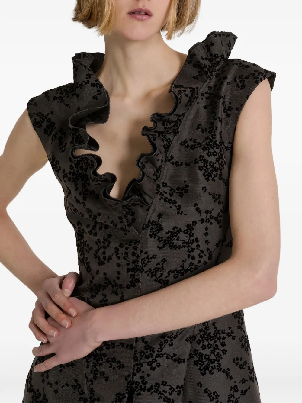 Alberta Ferretti Midi-jurk met ruches en bloemenprint Grijs