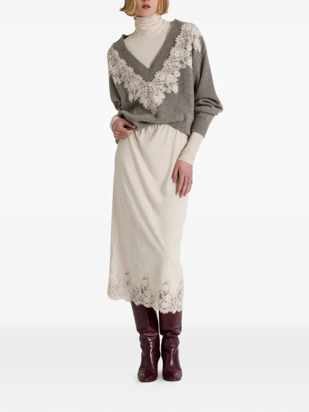 Alberta Ferretti Trui met V-hals en kanten afwerking Grijs