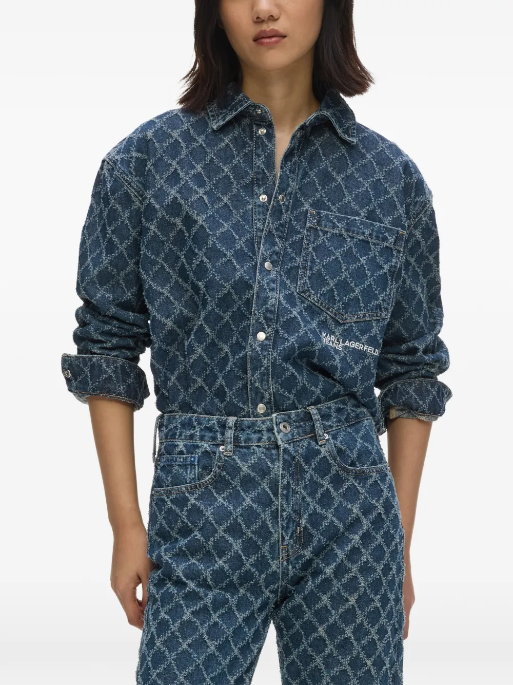 Karl Lagerfeld Jeans Denim blouse met argyle patroon Blauw