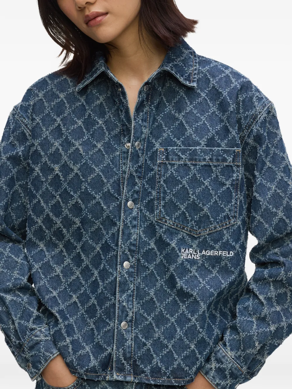 Karl Lagerfeld Jeans Denim blouse met argyle patroon Blauw