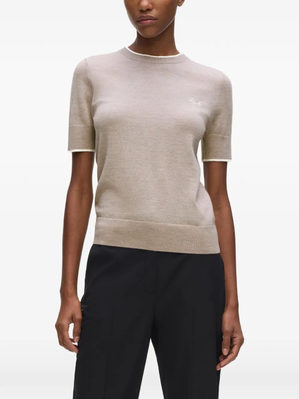 Karl Lagerfeld T-shirt van merinowol met geborduurd logo Beige