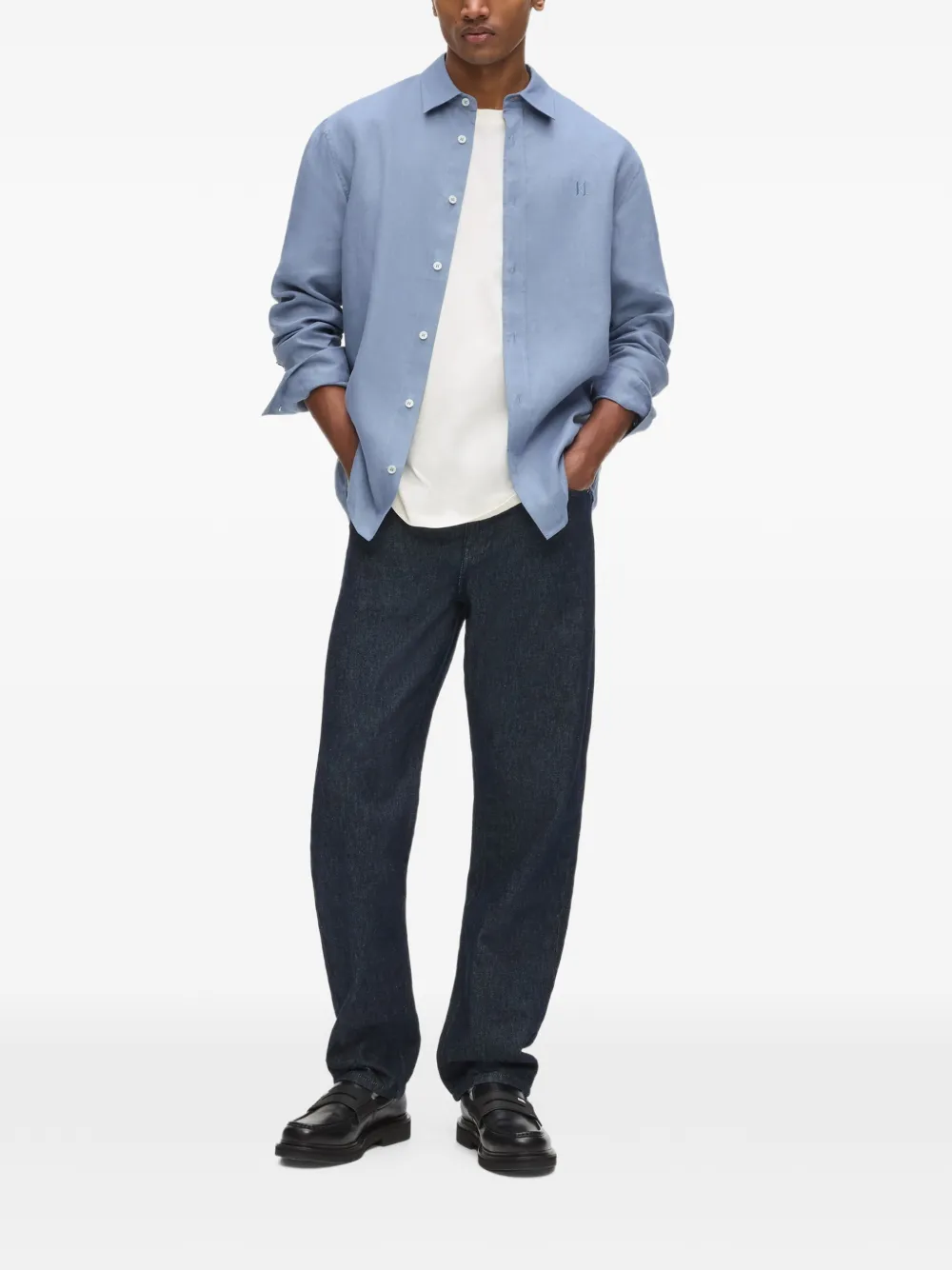 Karl Lagerfeld Linnen overhemd met geborduurd logo Blauw
