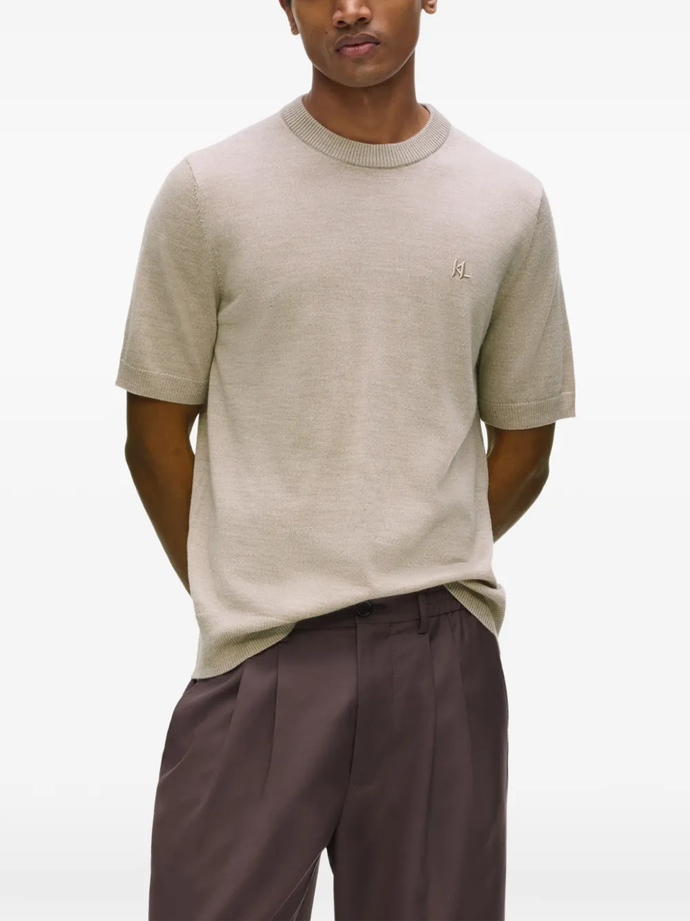 Karl Lagerfeld T-shirt van merinowol met geborduurd logo Beige