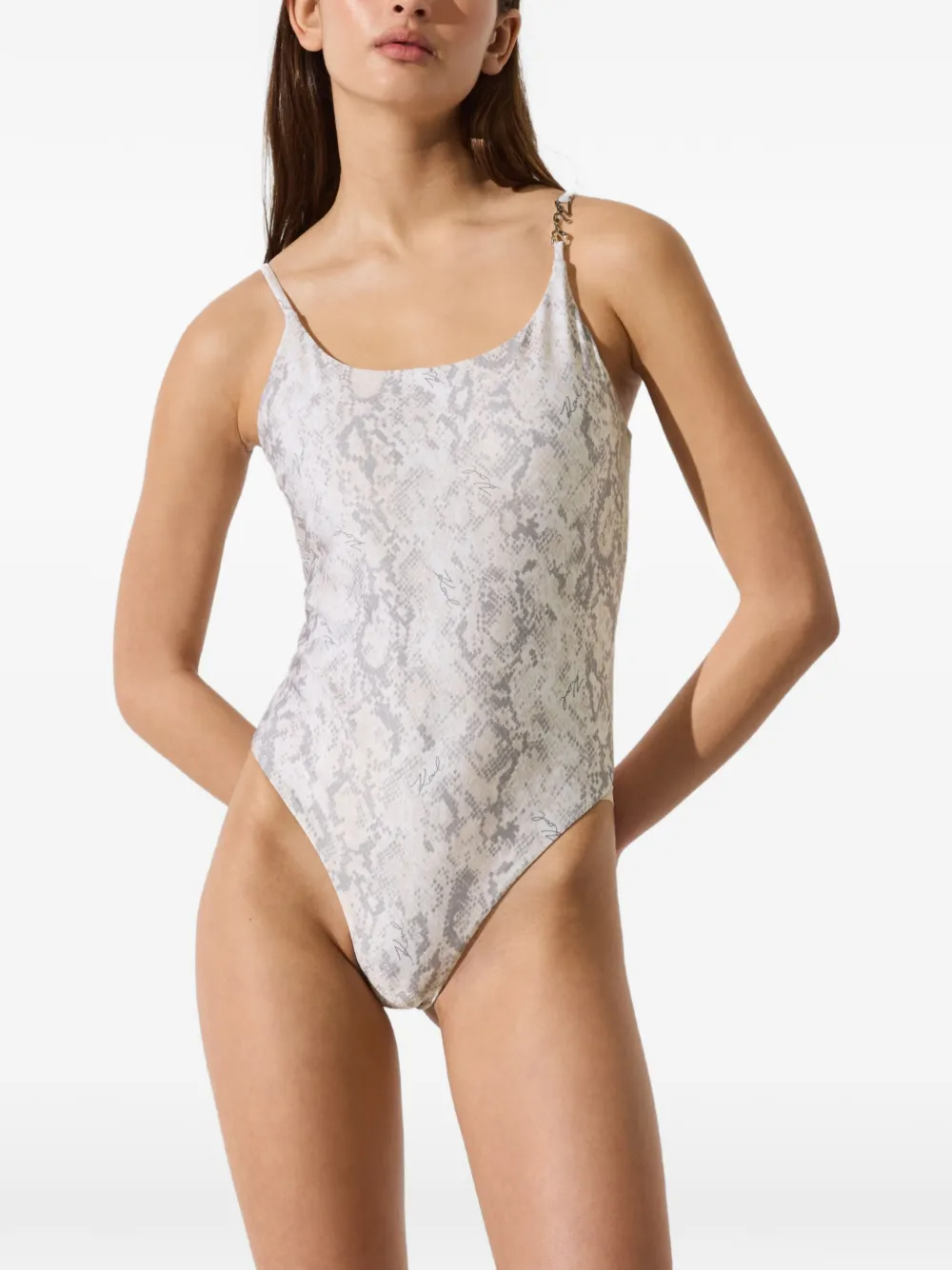 Karl Lagerfeld Badpak met slangenprint en diepe ronde hals Wit