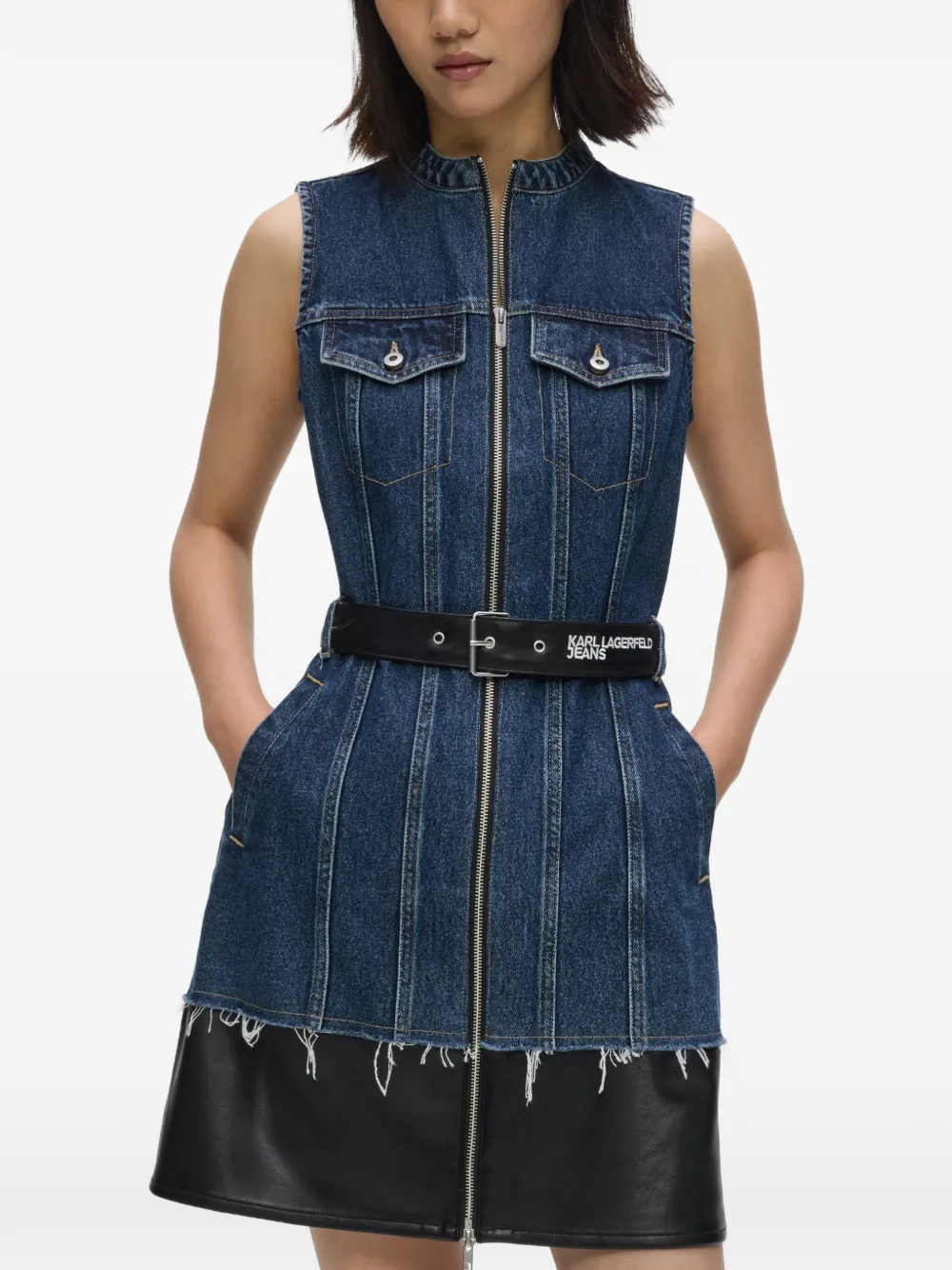 Karl Lagerfeld Jeans Mini-jurk met franje afwerking en ceintuur Blauw