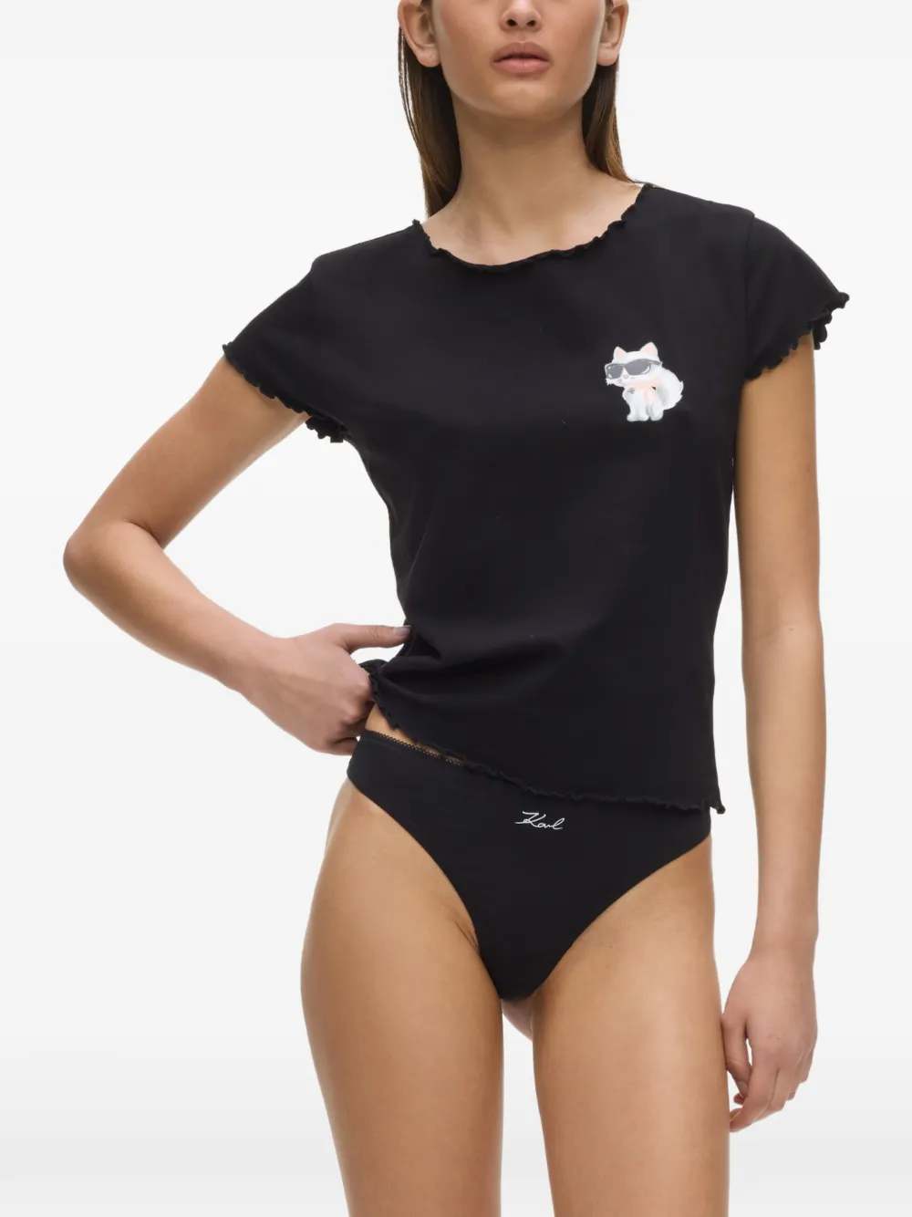 Karl Lagerfeld Ikon Choupette katoenen T-shirt met strikdetail Zwart