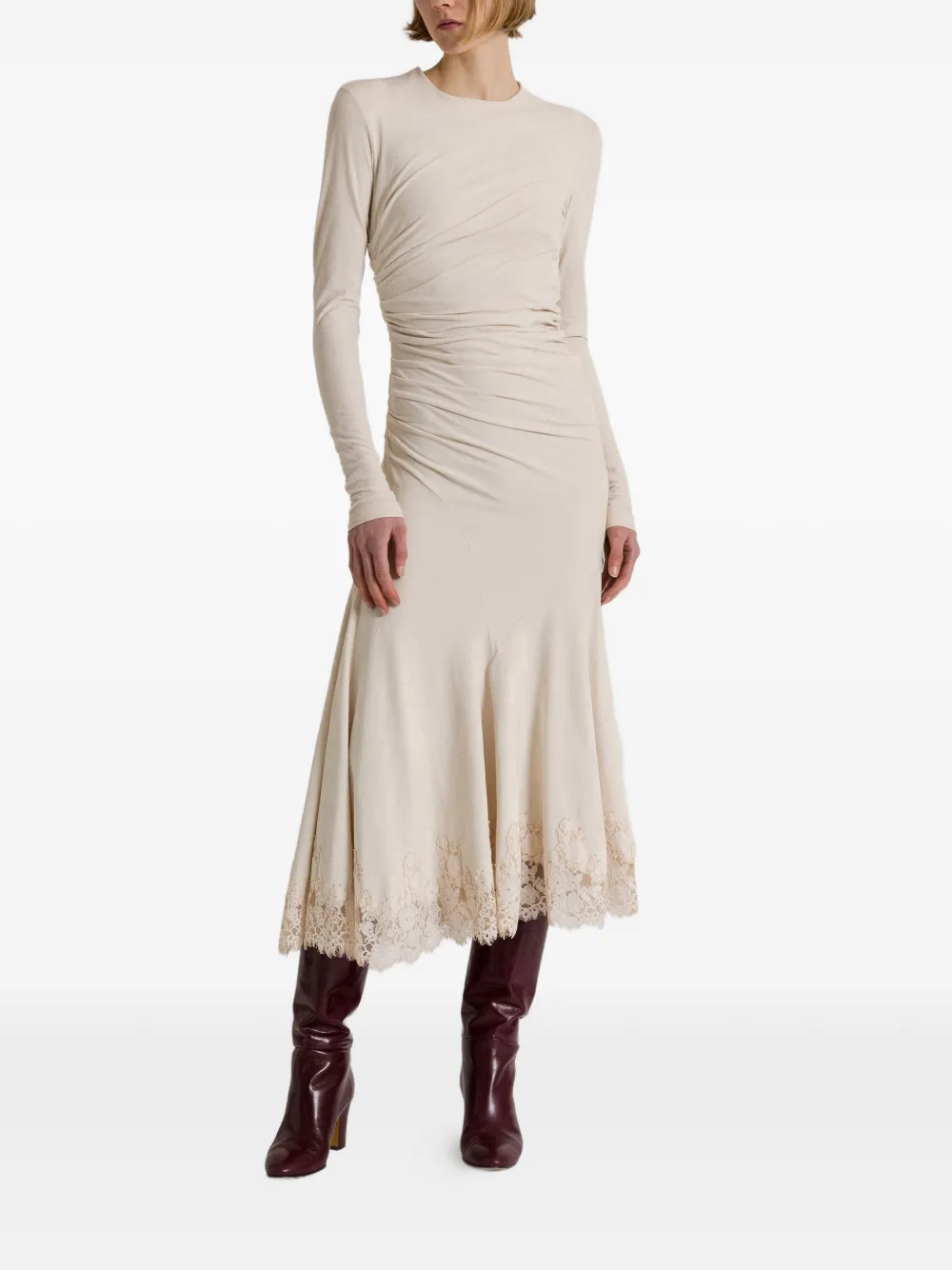 Alberta Ferretti Midi-jurk met ruches en kant Wit