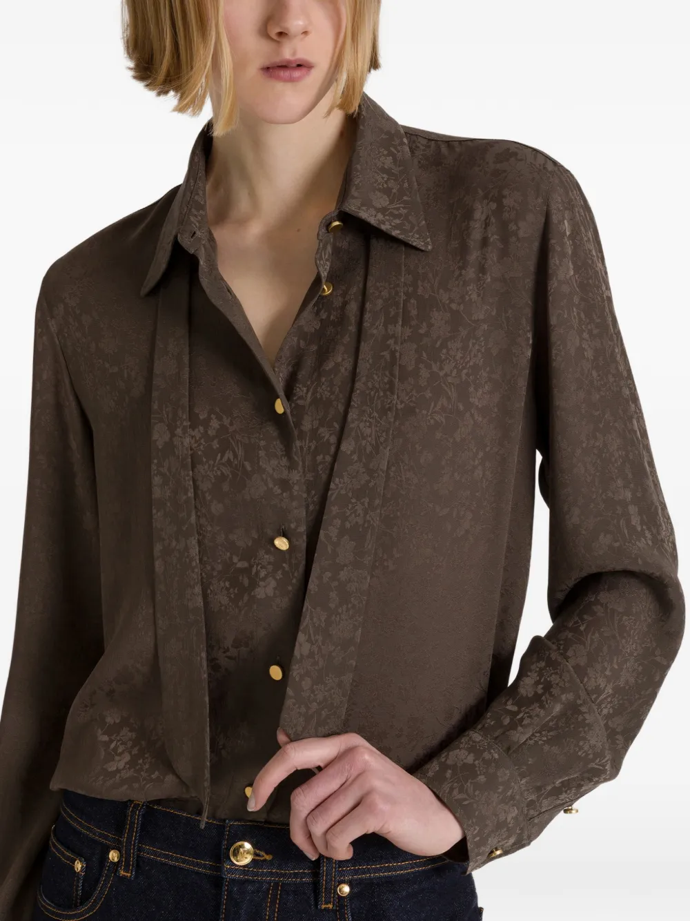 Alberta Ferretti Blouse met bloemenjacquard en strik Bruin