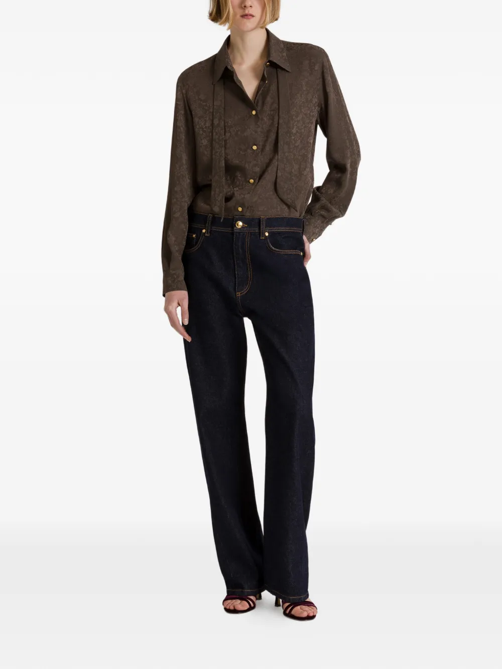 Alberta Ferretti Blouse met bloemenjacquard en strik Bruin