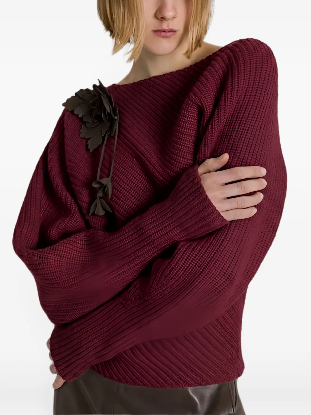 Alberta Ferretti Ribgebreide trui met bloemapplicatie Rood