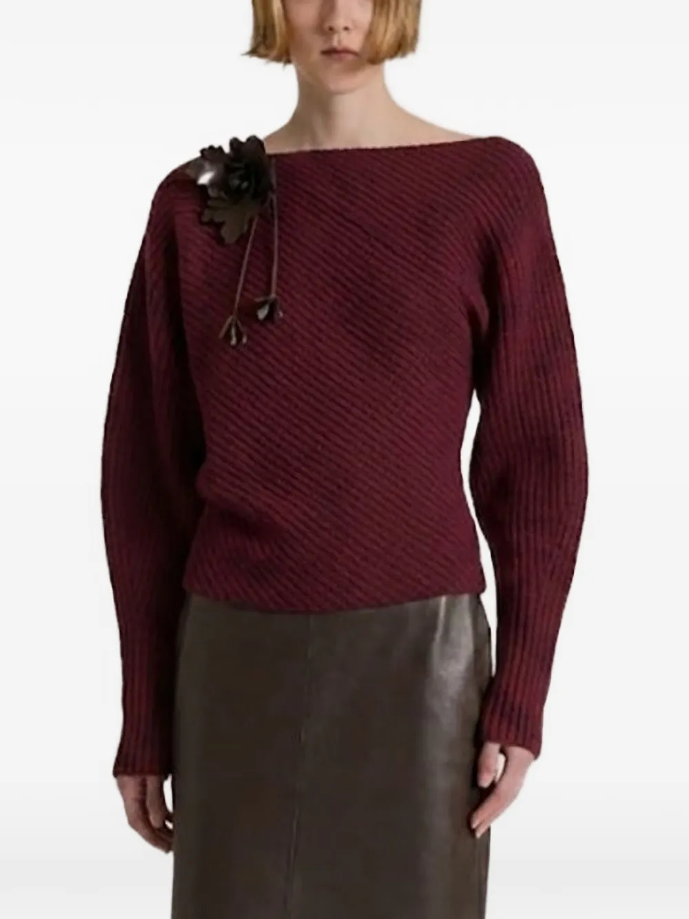 Alberta Ferretti Floral-applique Ribbed-knit Sweater In Brown