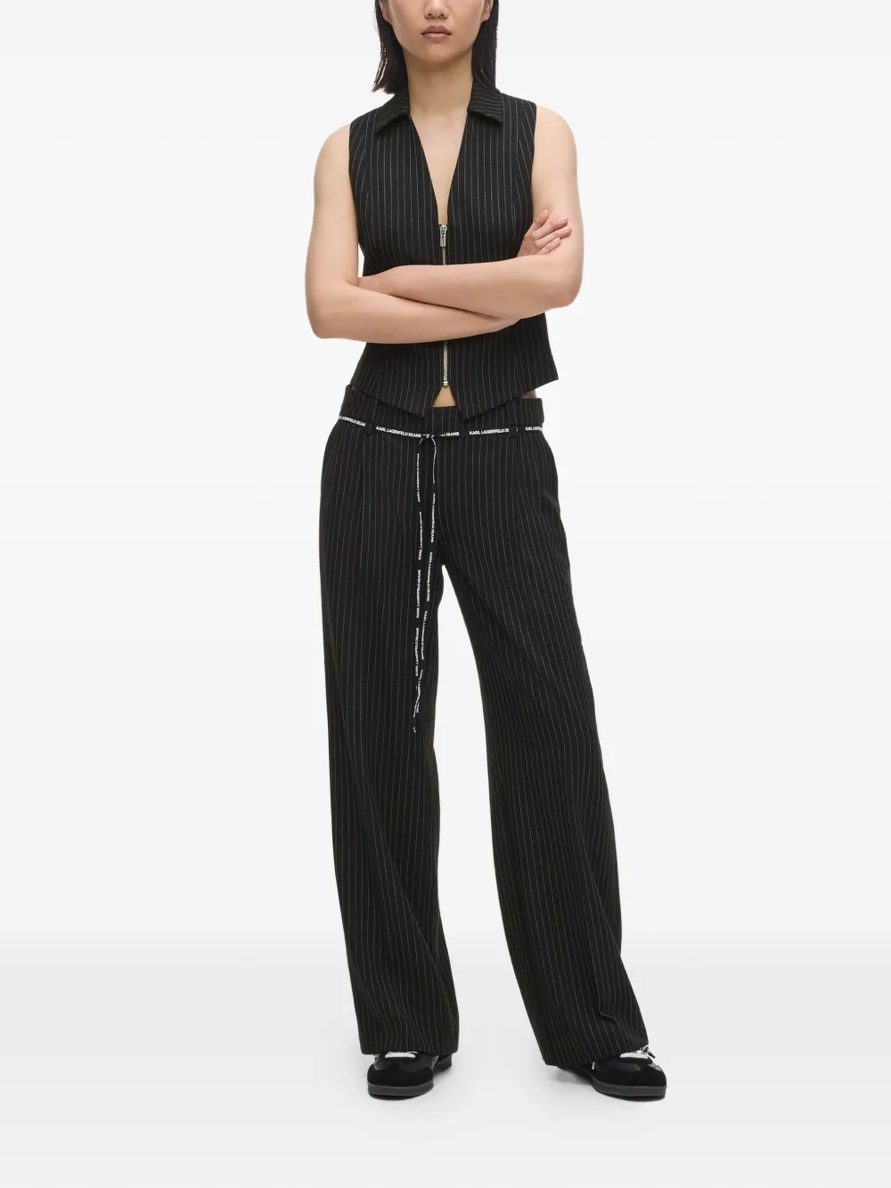 Karl Lagerfeld Jeans Broek met krijtstreep en logoband Zwart