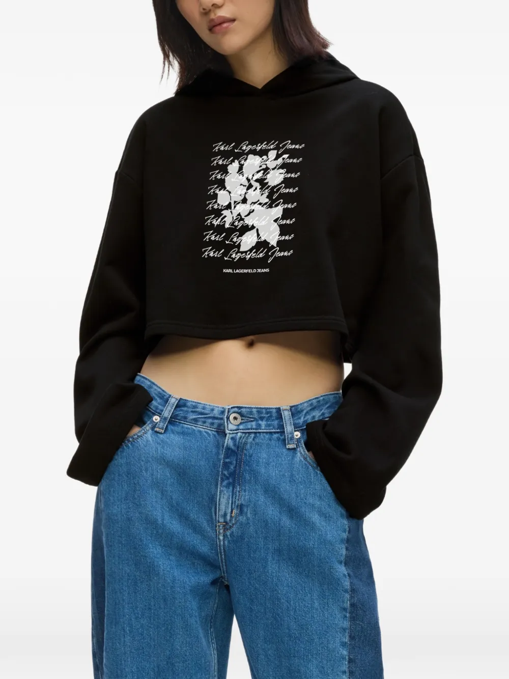Karl Lagerfeld Jeans Cropped hoodie met geflockte bloemenprint Zwart