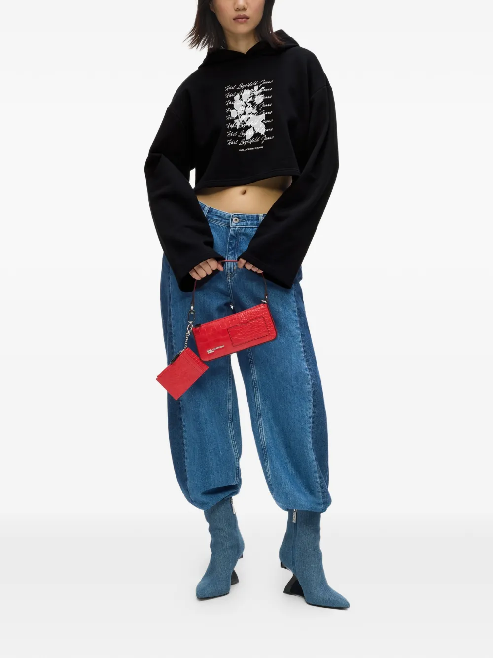 Karl Lagerfeld Jeans Cropped hoodie met geflockte bloemenprint Zwart