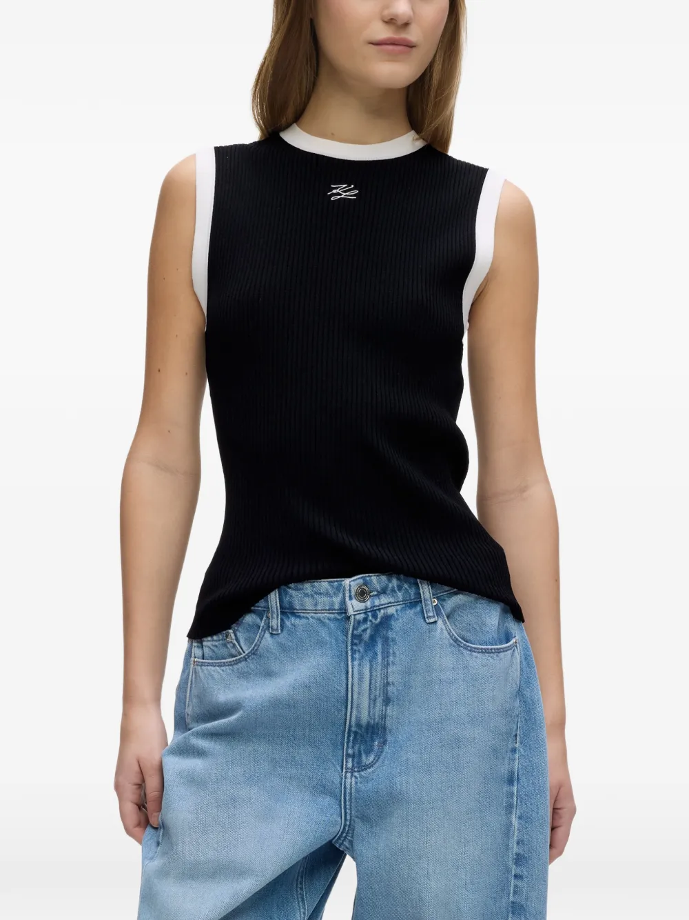 Karl Lagerfeld Ribgebreide tanktop met contrasterende afwerking Zwart
