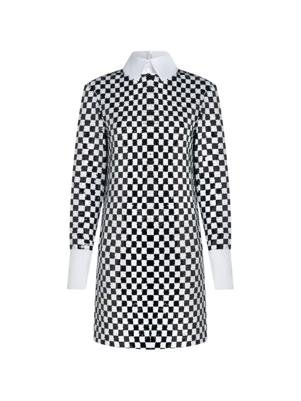 sequin checkerboard mini dress Halter Neck Black and Silver Sequin Checkerboard Mini Dress