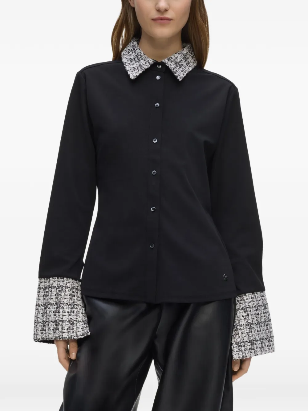 Karl Lagerfeld Poloshirt met lange mouwen en bouclé afwerking Zwart