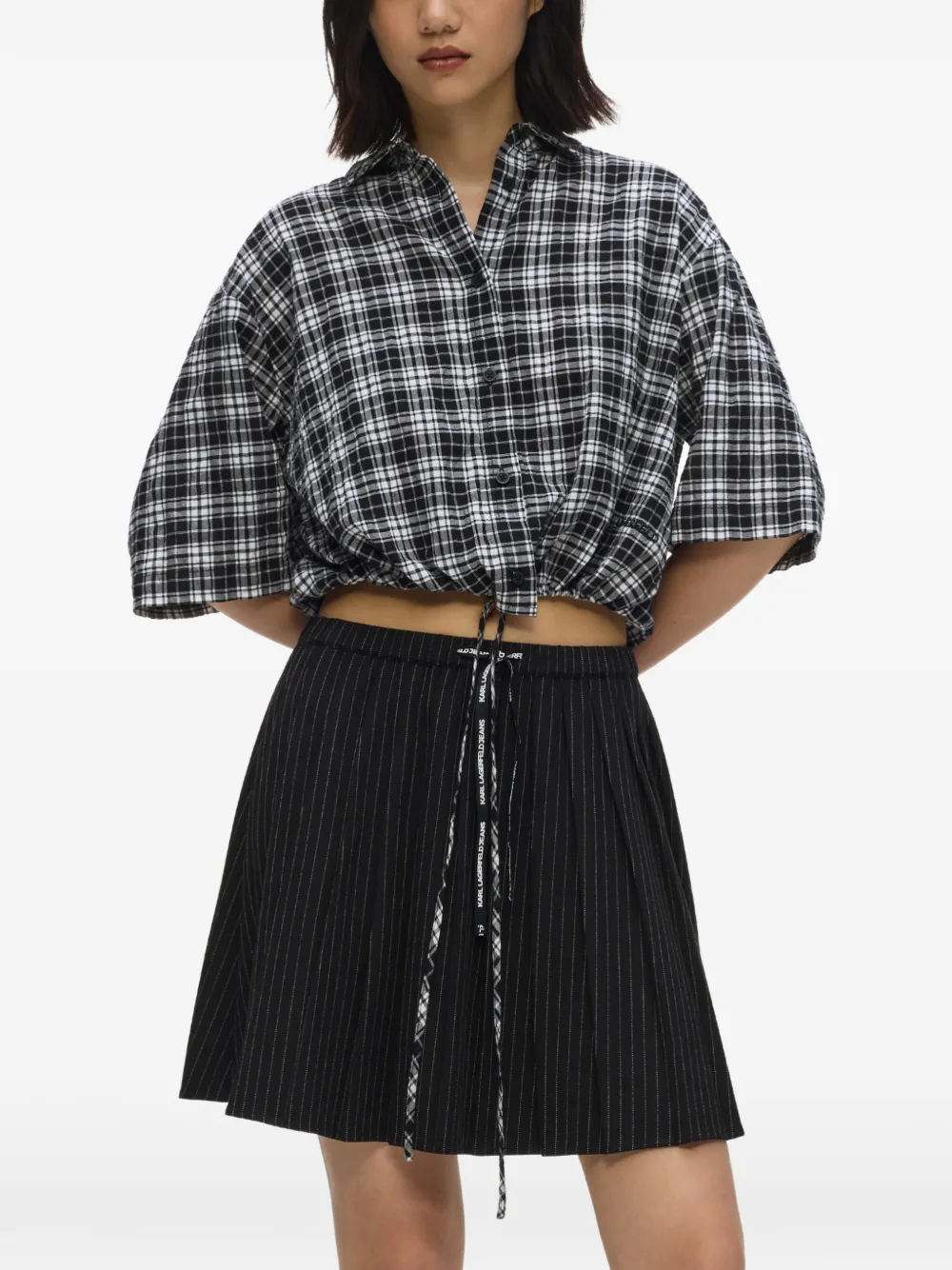 Karl Lagerfeld Jeans Geruite blouse met trekkoord Zwart