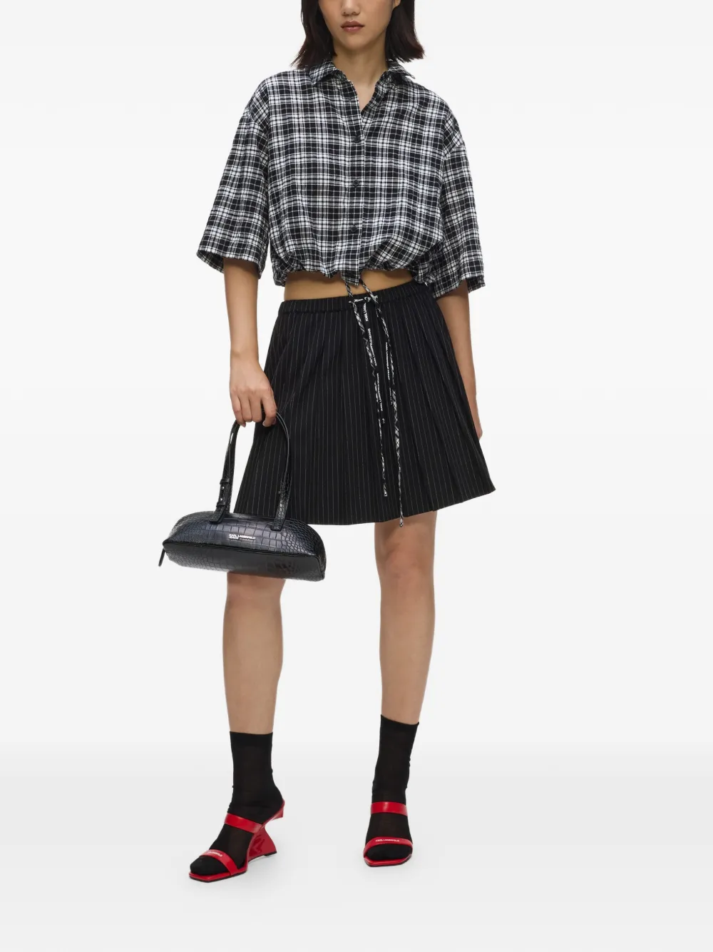 Karl Lagerfeld Jeans Geruite blouse met trekkoord Zwart