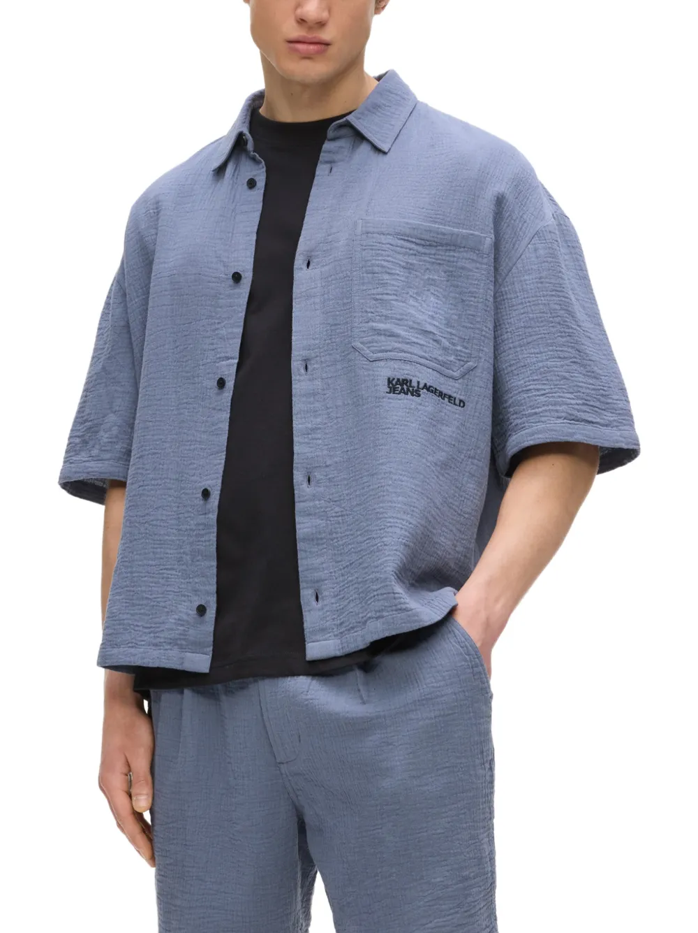 Karl Lagerfeld Jeans Overhemd met gekreukte textuur en korte mouwen Blauw
