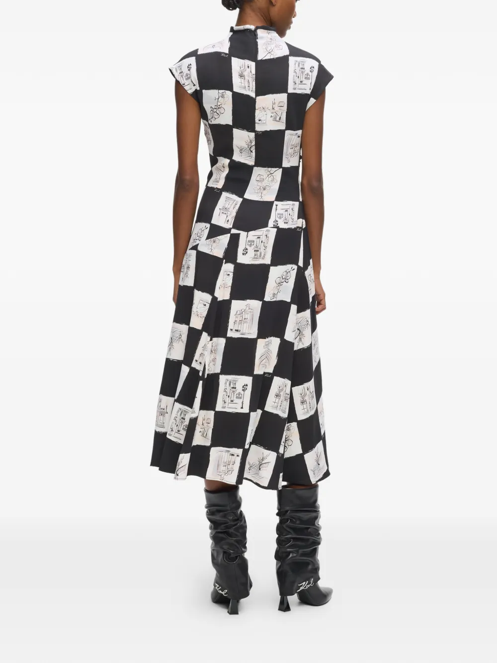 Karl Lagerfeld Gesmockte midi-jurk met schaakbord print Zwart