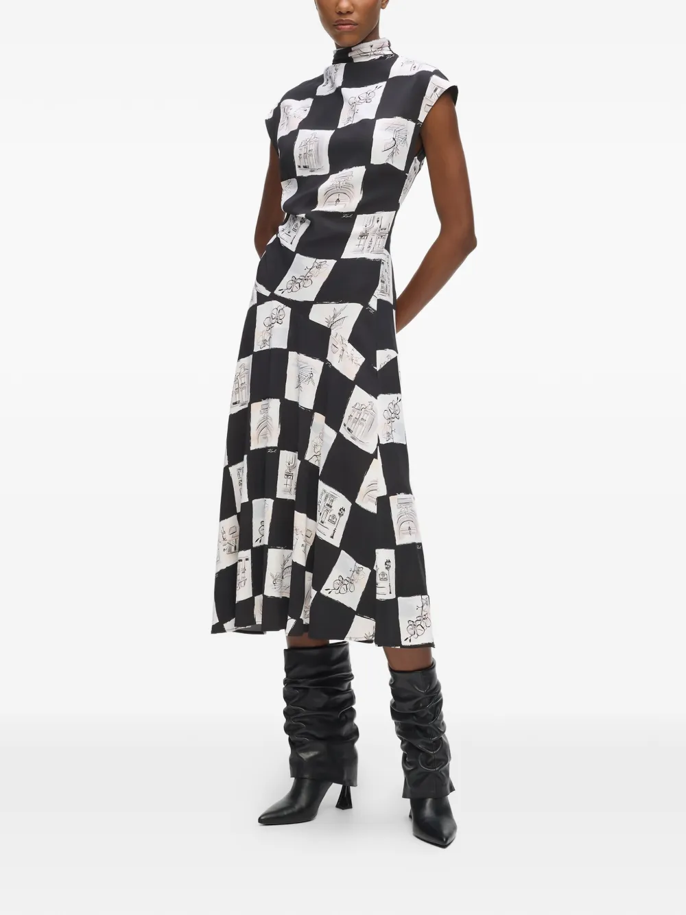 Karl Lagerfeld Gesmockte midi-jurk met schaakbord print Zwart