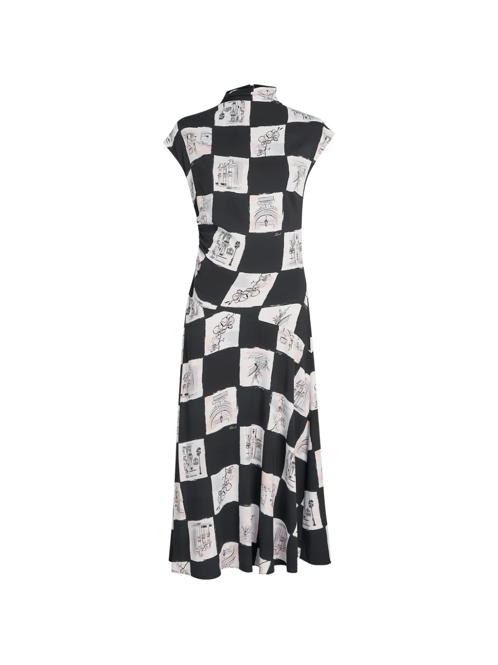 Karl Lagerfeld checkerboard-print gathered midi dress - Nero