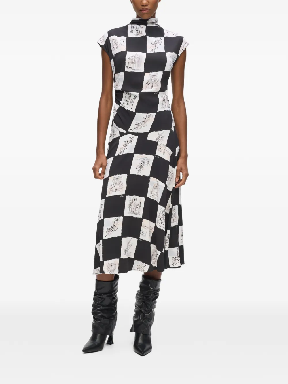 Karl Lagerfeld Gesmockte midi-jurk met schaakbord print Zwart