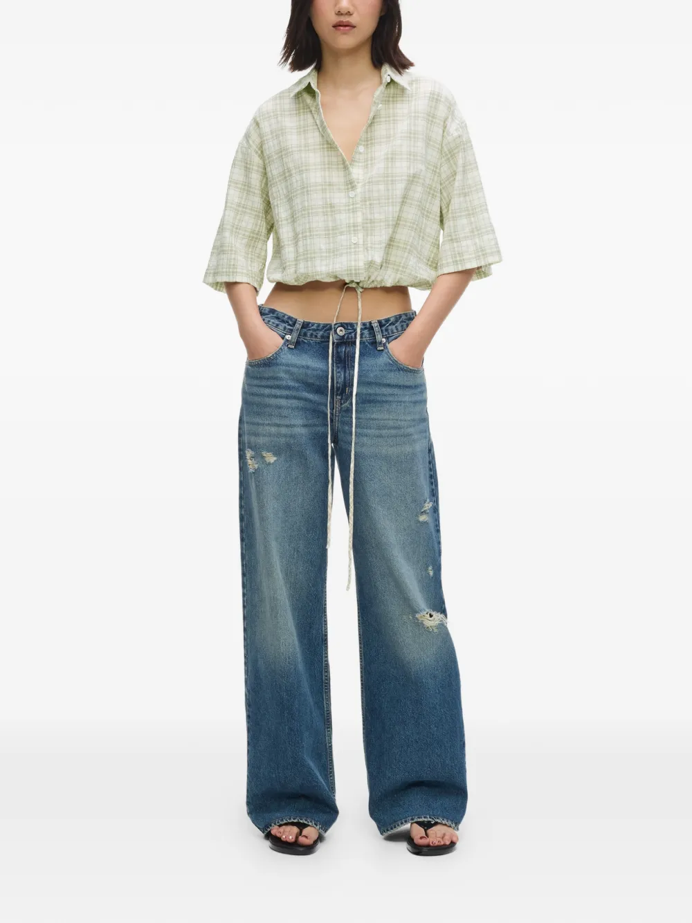 Karl Lagerfeld Jeans Geruit cropped blouse met trekkoord Wit