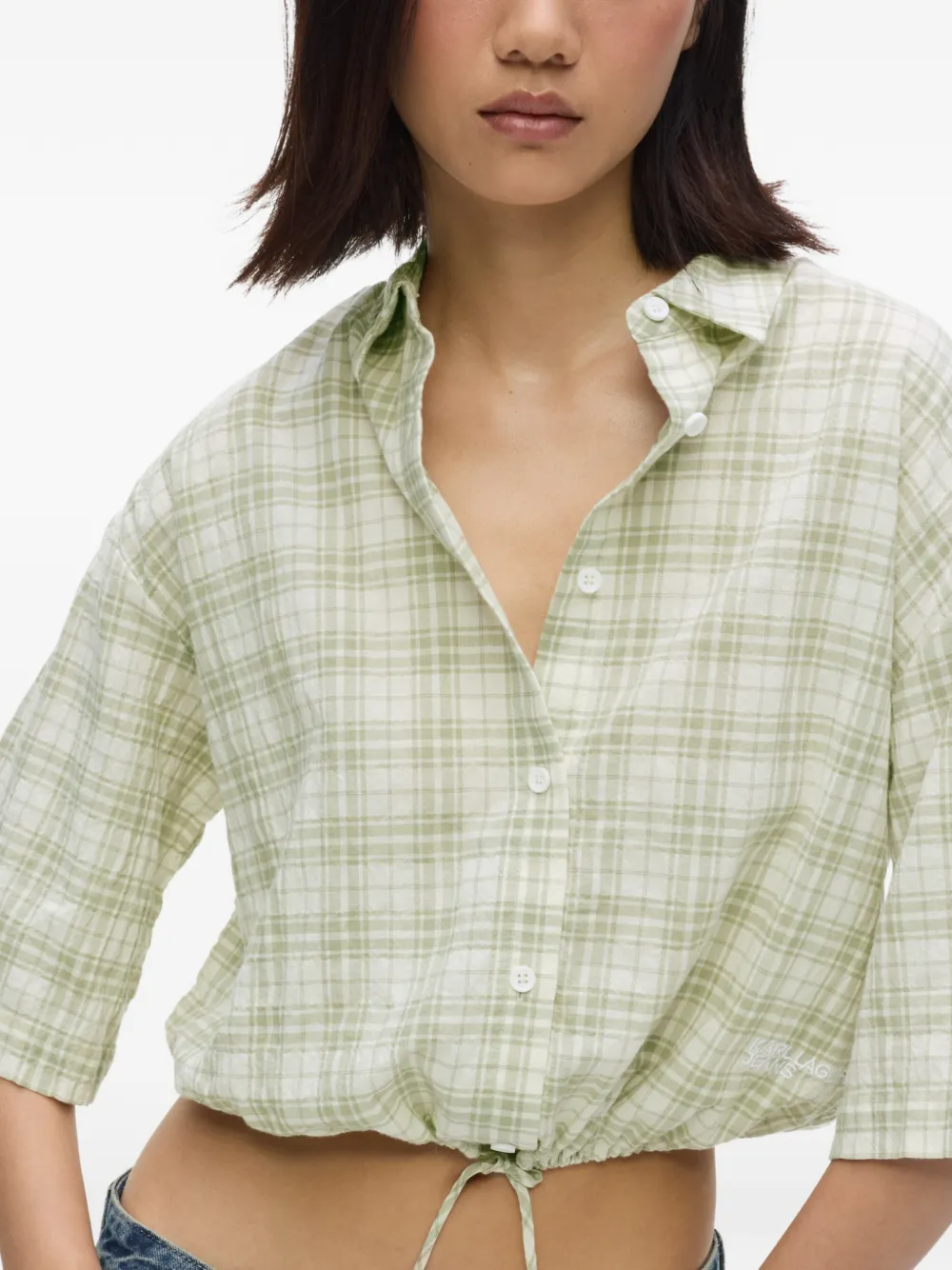 Karl Lagerfeld Jeans Geruit cropped blouse met trekkoord Wit