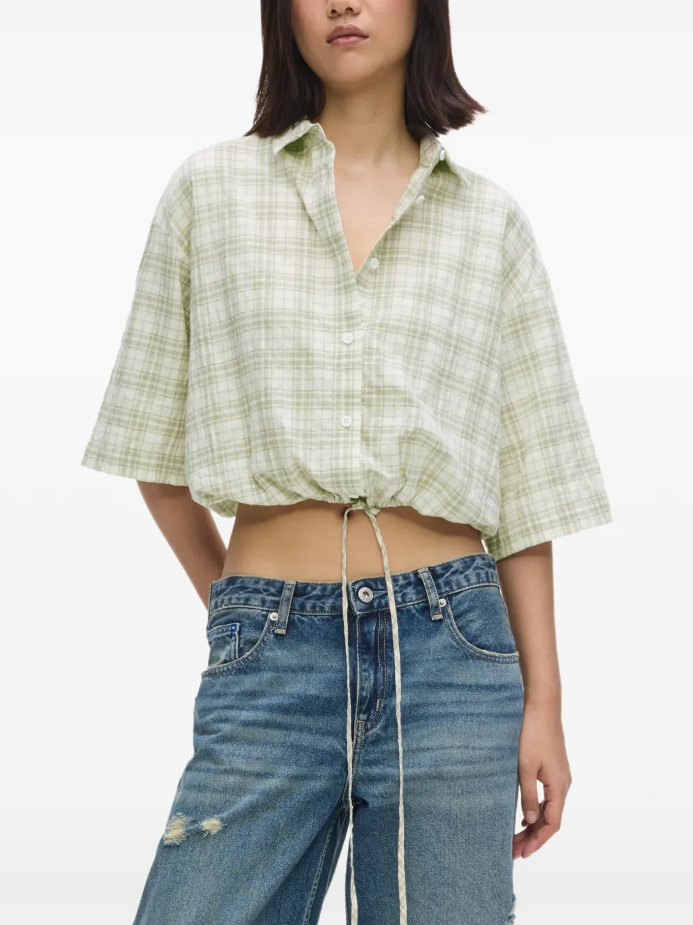 Karl Lagerfeld Jeans Geruit cropped blouse met trekkoord Wit
