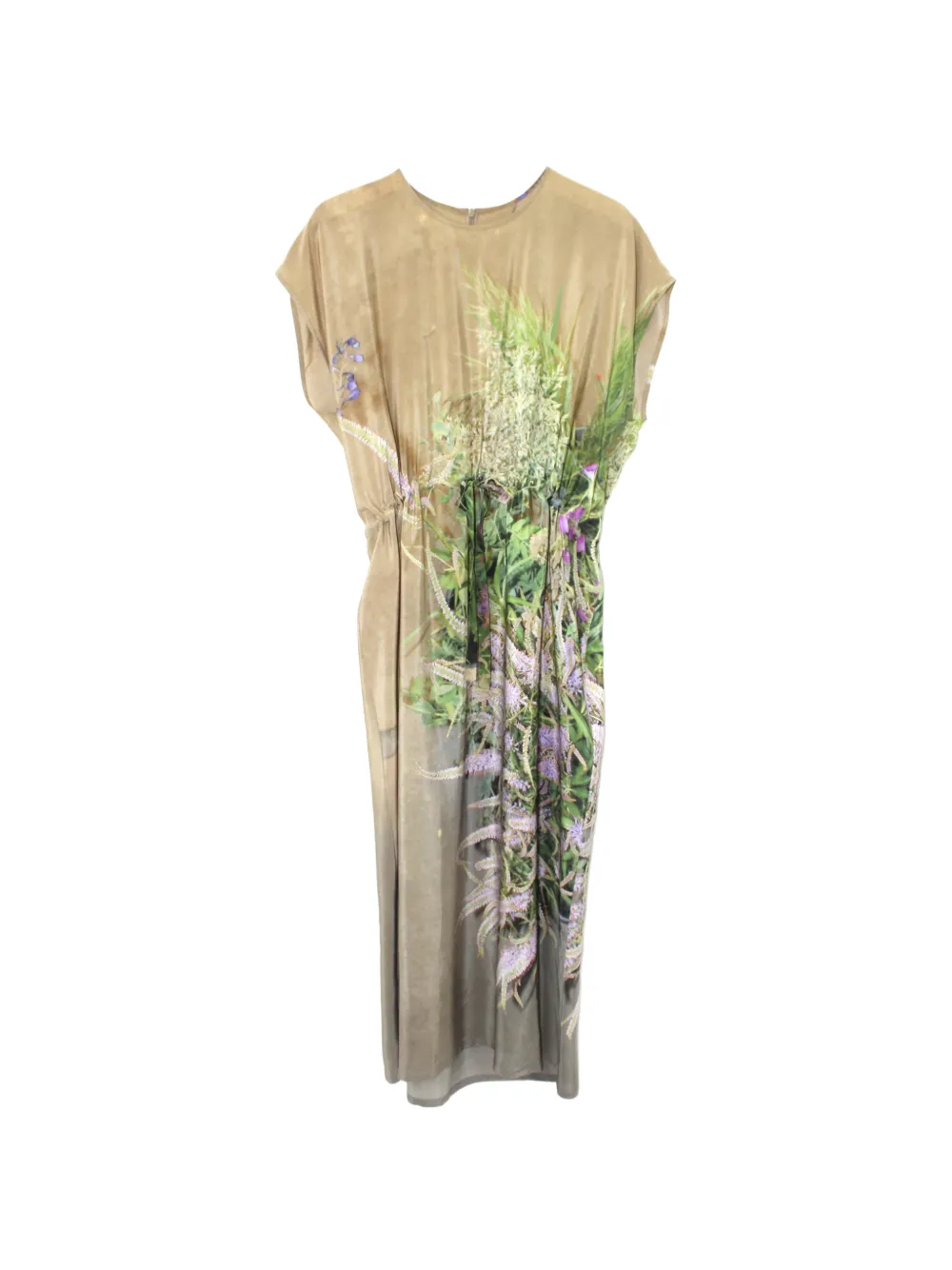 Anntian floral-print drawstring silk midi dress - Nude