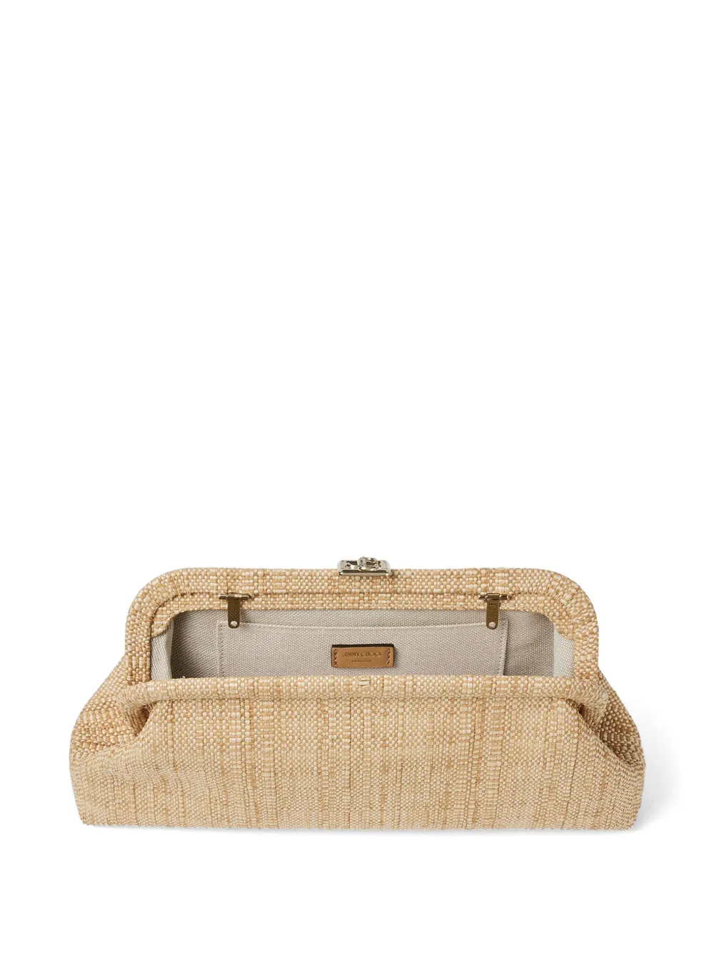 Jimmy Choo Skylar raffia clutch met vierkante JC gesp Beige
