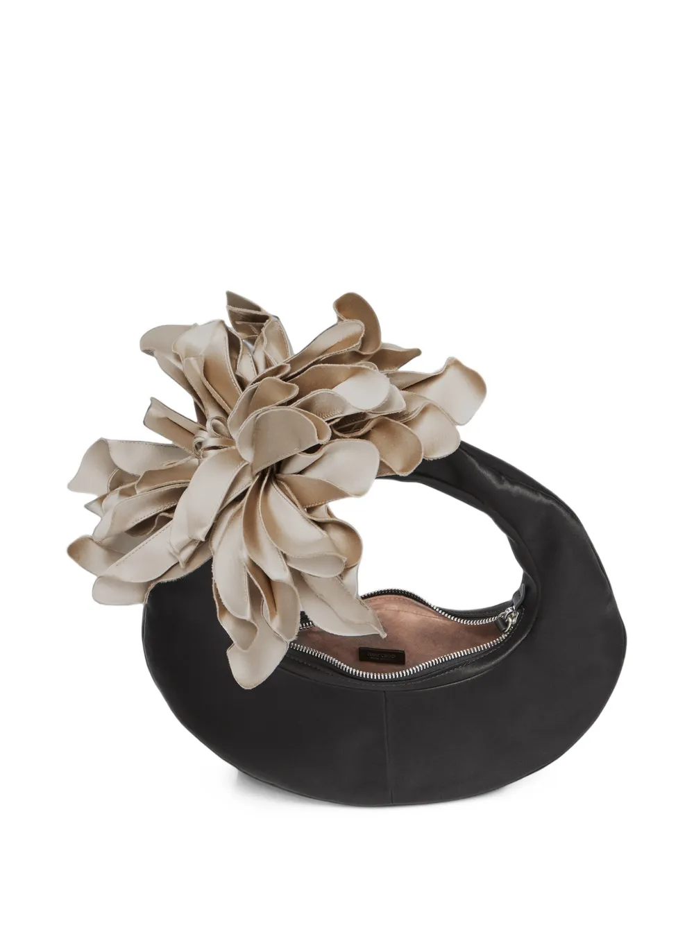 Jimmy Choo Flower black and bone satin hobo shoulder bag with oversized flower Zwart