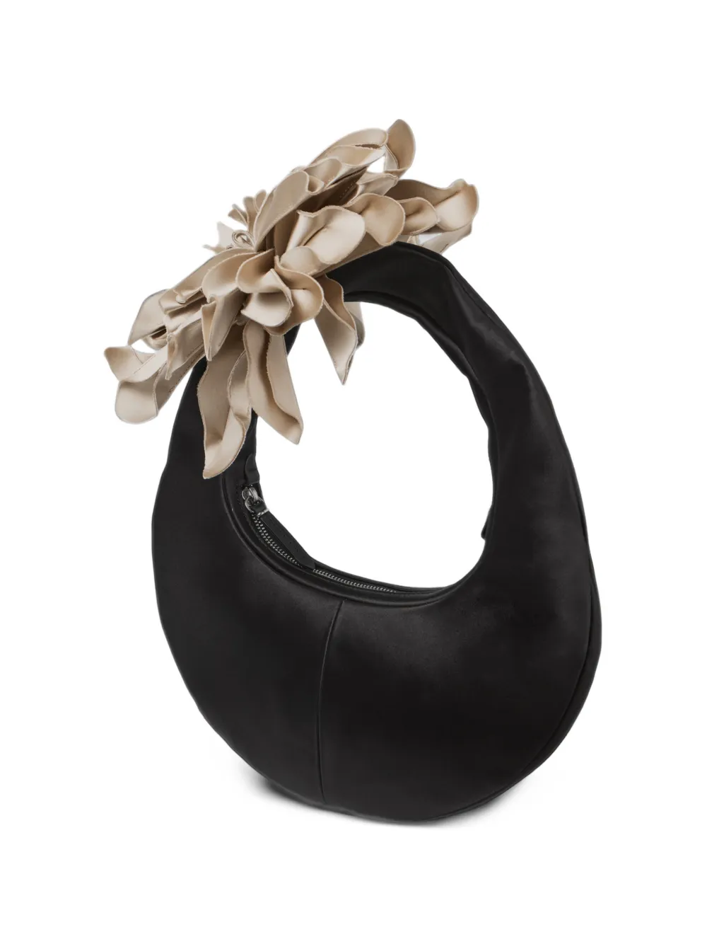 Jimmy Choo Flower black and bone satin hobo shoulder bag with oversized flower Zwart
