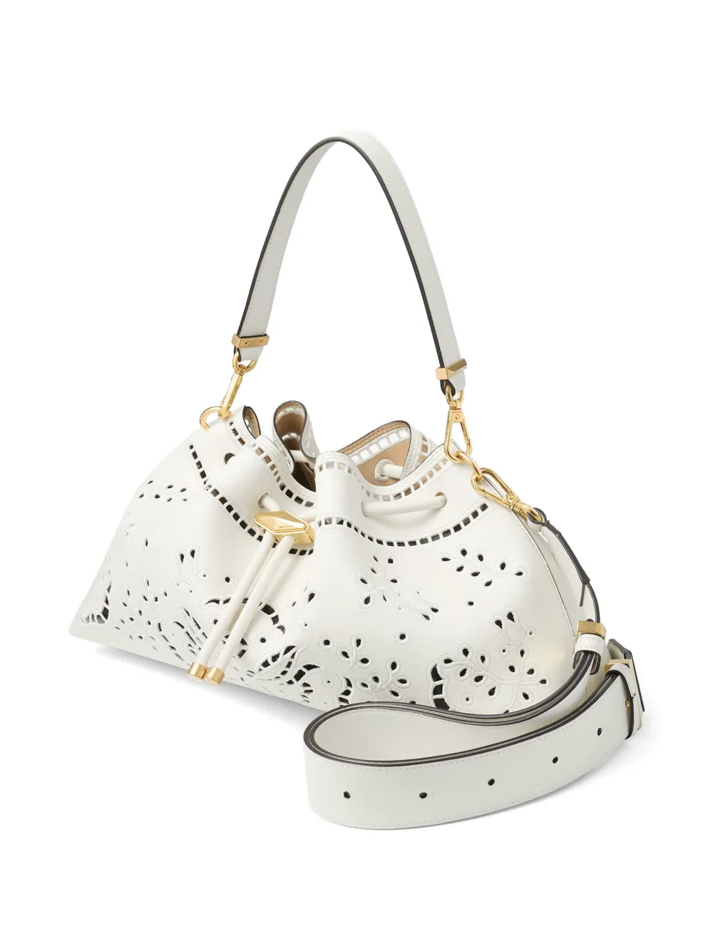 Jimmy Choo Cinch leren schoudertas met broderie anglaise Wit