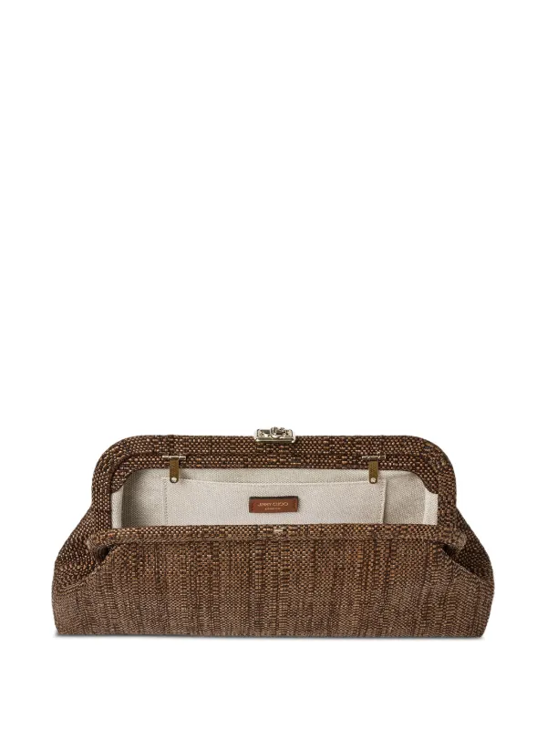 Jimmy Choo Skylar Tan Fine Raffia Clutch Bag with Square JC Clasp in Brown