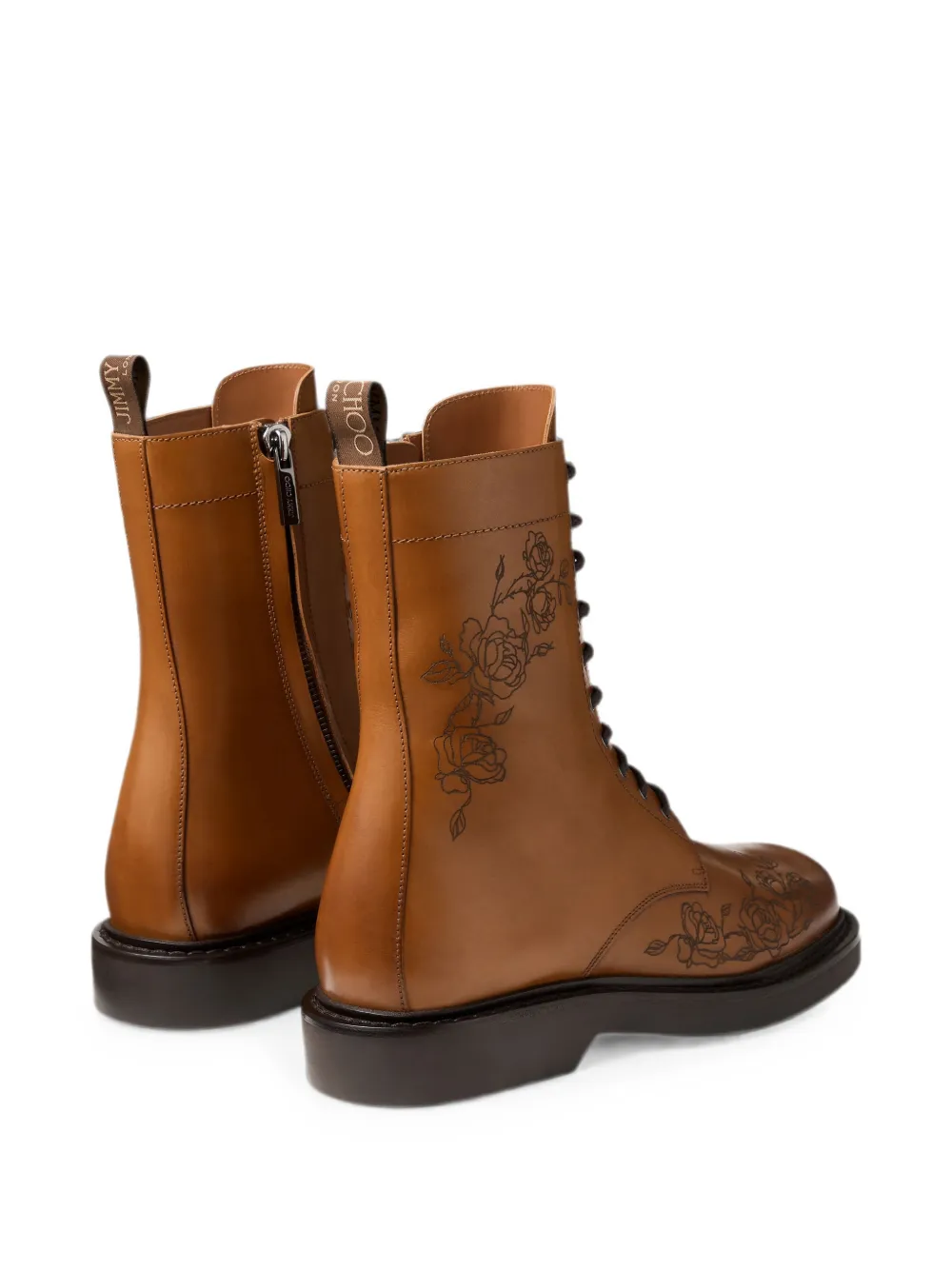 Jimmy Choo Rowan tan waxed calf leather derby boots with rose motif Bruin