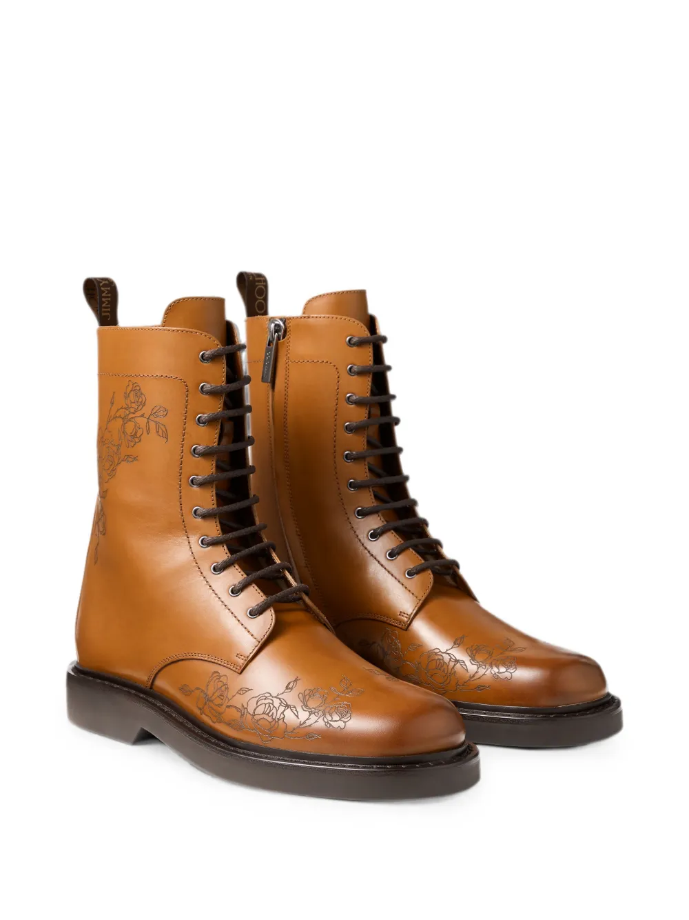 Jimmy Choo Rowan tan waxed calf leather derby boots with rose motif Bruin