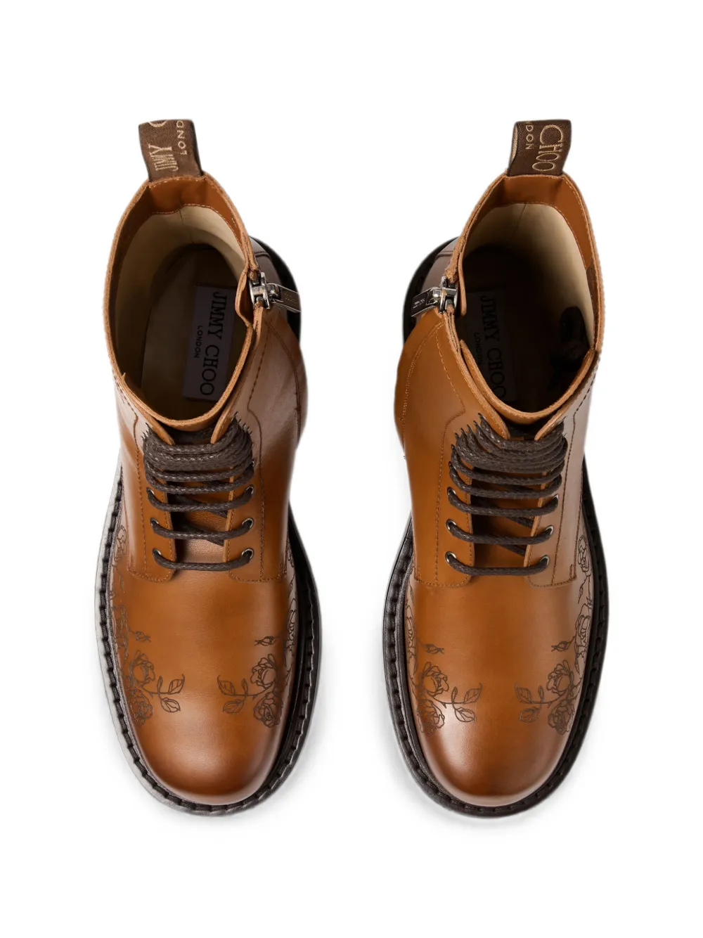 Jimmy Choo Rowan tan waxed calf leather derby boots with rose motif Bruin