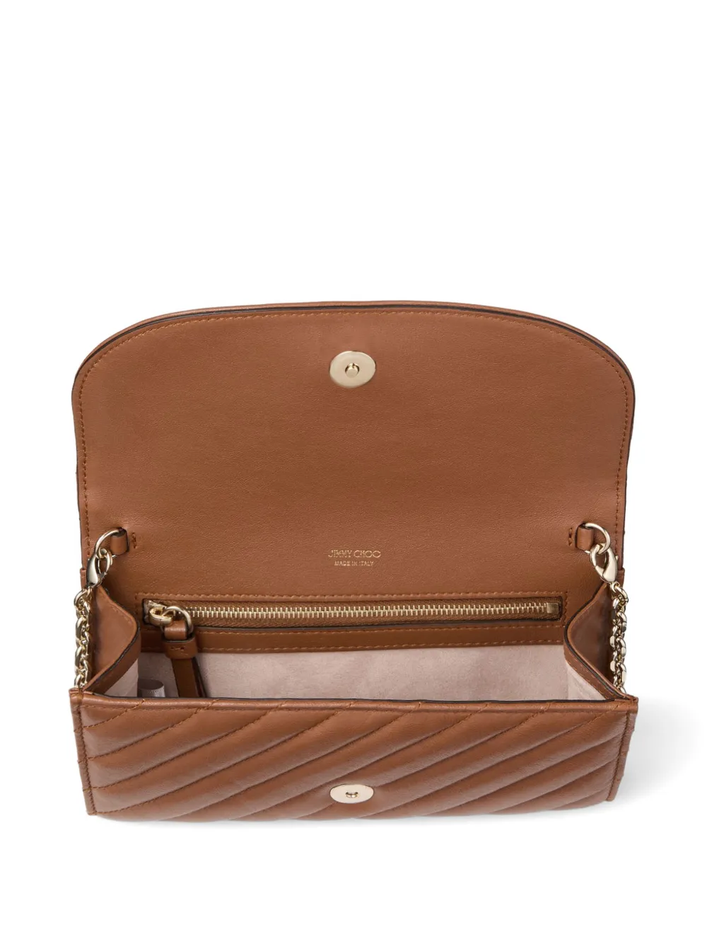 Jimmy Choo Curve Tan gewatteerde leren portemonnee met ketting Bruin