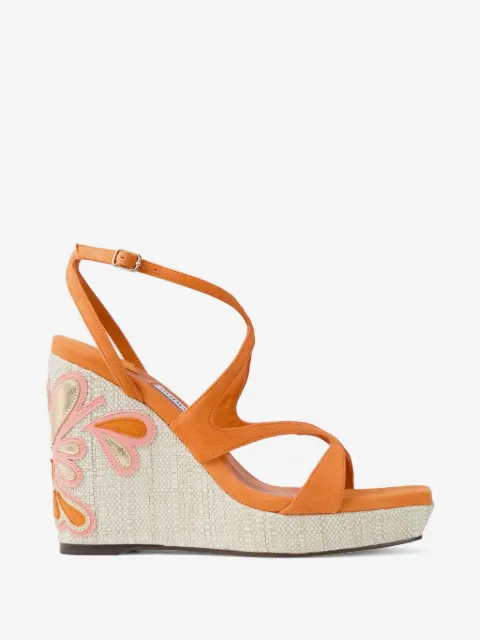 Jimmy Choo Ayla 110 sunset orange and natural mix suede and nappa leather wedges with fine raffia