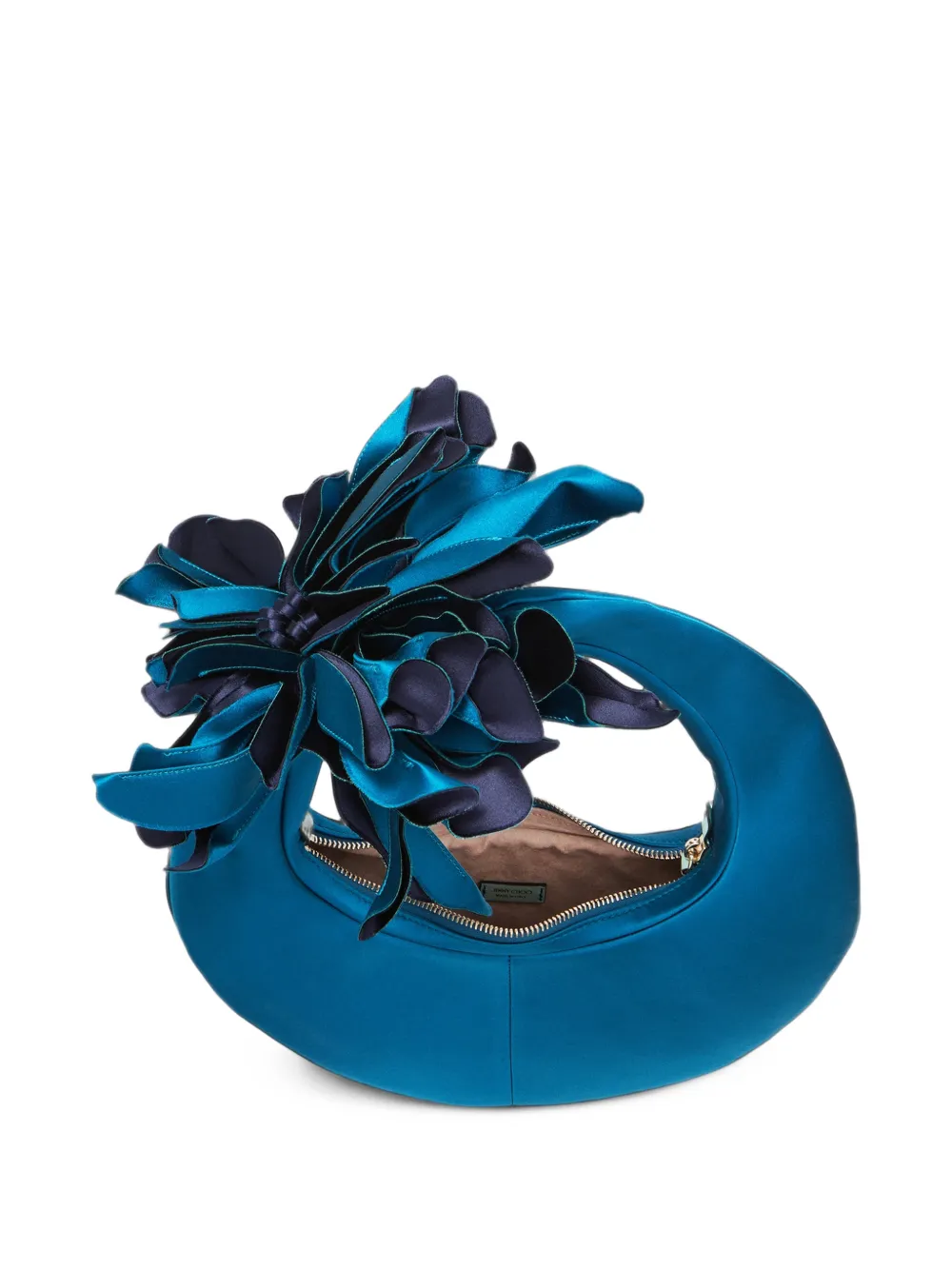 Jimmy Choo Flower lagoon and marine satin hobo shoulder bag with oversized flower Blauw