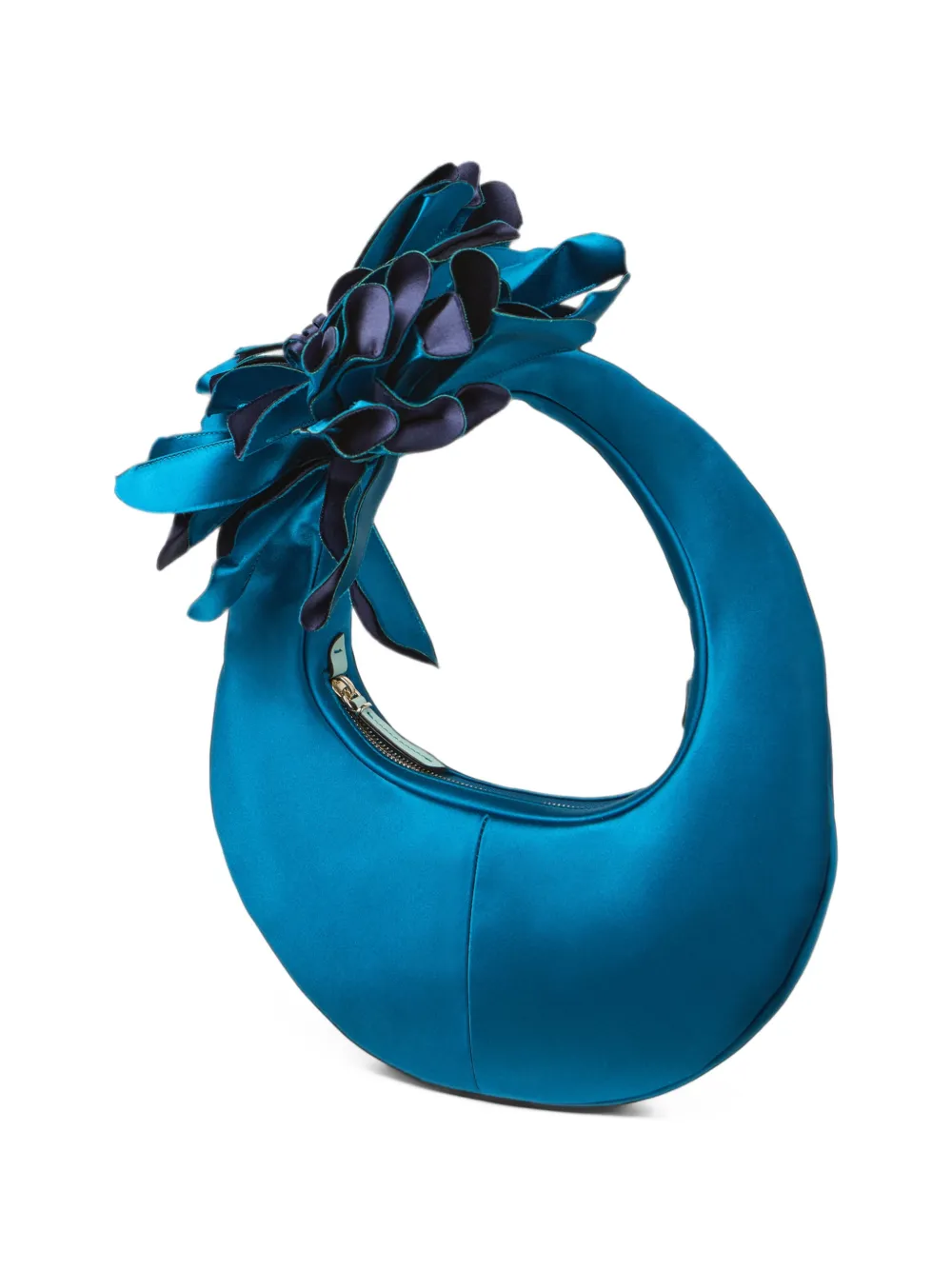Jimmy Choo Flower lagoon and marine satin hobo shoulder bag with oversized flower Blauw