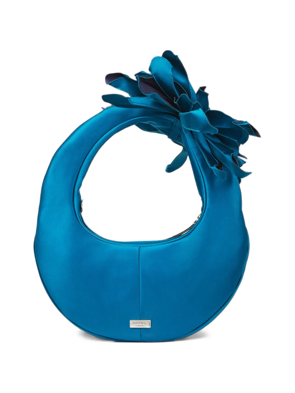 Jimmy Choo Flower lagoon and marine satin hobo shoulder bag with oversized flower Blauw