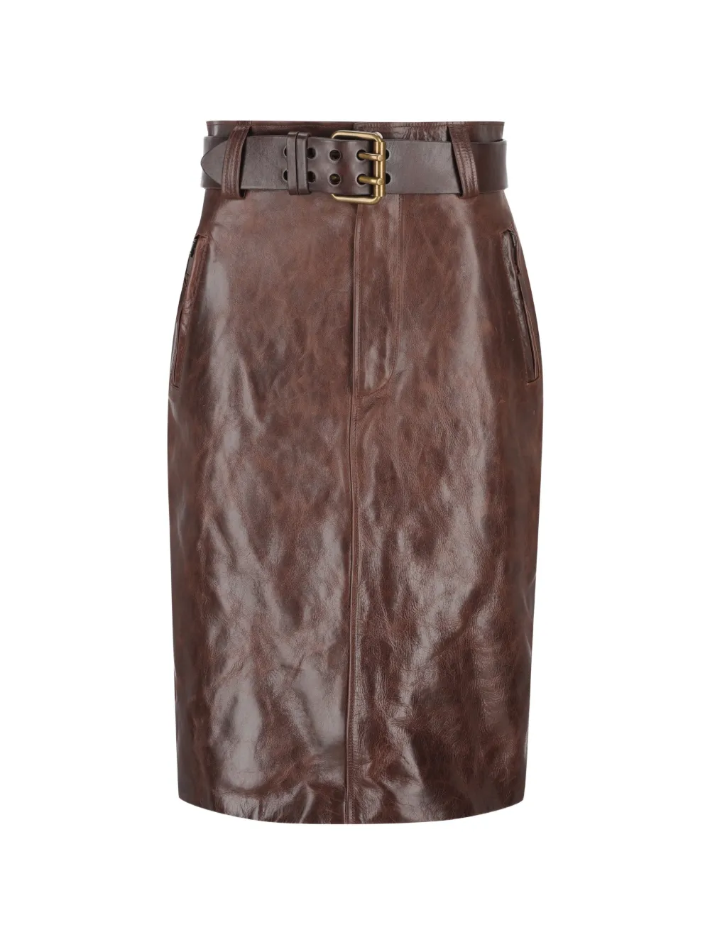 Saint Laurent belted leather midi skirt - Braun