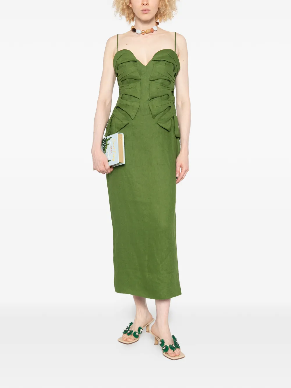 Farm Rio Monstera Leaf Linen Sleeveless Dress In Green
